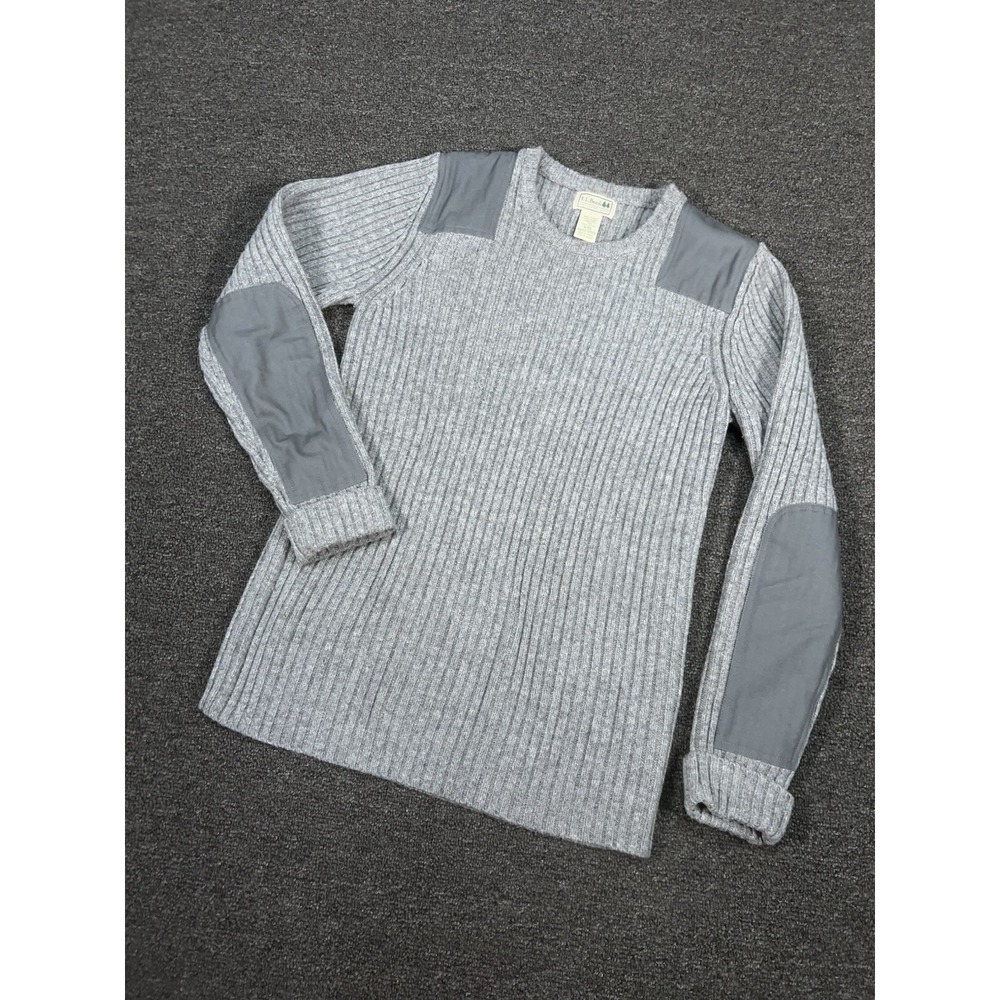 LL Bean Commando Sweater Men's Medium Gray Merino‎ Lambswool Elbow Shoulder Pads